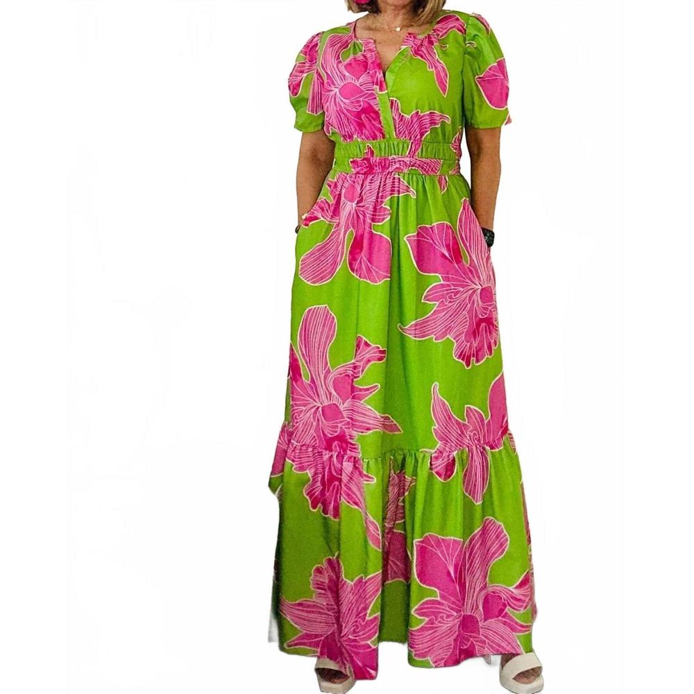 NEW A.PEACH notched flared v-neck maxi dress in multi